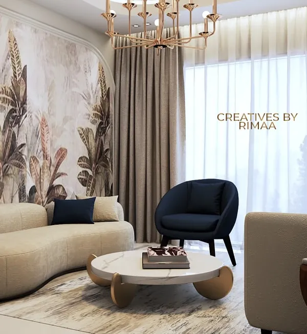 This living space concept blends earthy tones and clean lines for a serene yet sophisticated ambiance. The curved sofa and botanical wallpaper add a soft, organic feel, while deep blue accents provide a touch of richness, perfectly integrating tradition with contemporary design.