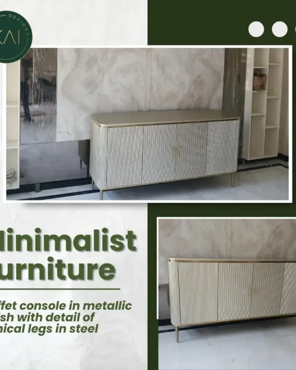This minimalist buffet console features a metallic finish and textured door fronts. The sleek, conical steel legs provide a delicate contrast to the solid body, making it a sophisticated statement piece for a dining or living area.