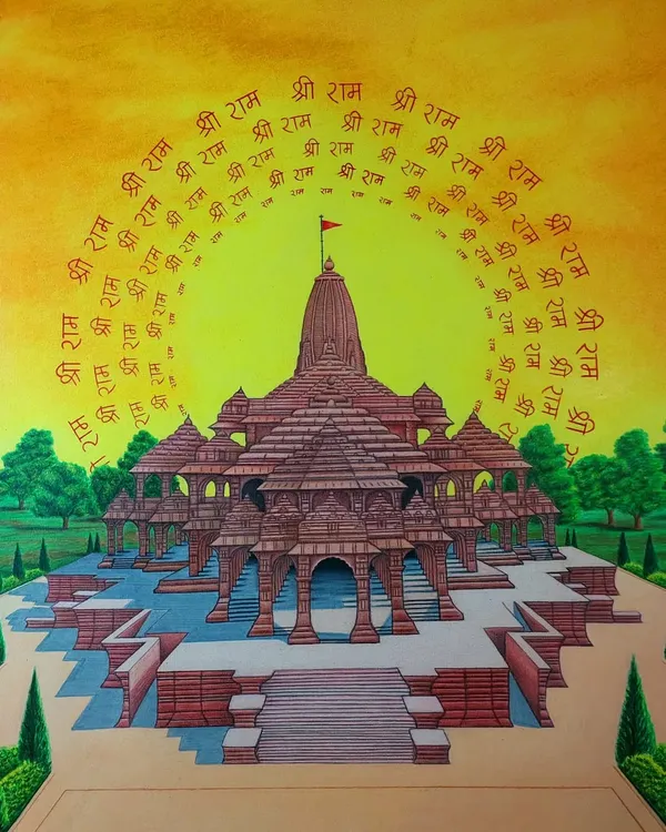 My completed drawing of the Ram Mandir, finished just in time for the new year. The background with 'Shri Ram' written in an arch took a lot of patience, but I am so happy with the result.
