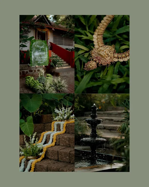 A collage of beautiful details from a wedding at The Peacock Grove, showcasing the lush decor, floral arrangements, and traditional jewelry.