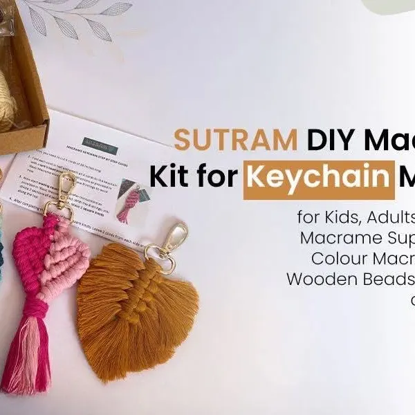 This is my complete DIY Macrame Keychain Kit, made for everyone from kids to adults! It has everything you need to create these four beautiful keychains, including an easy to follow instruction manual, colourful cords, and all the supplies.