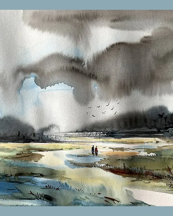 An untitled watercolor landscape showing a vast, open field under a dramatic, cloudy sky.