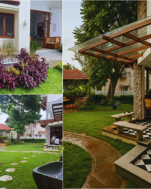 A collage of the Adarsh Palm Meadows project, showing the manicured lawn, stone pathway, and how the landscape design frames the villa's entrance and outdoor seating areas.