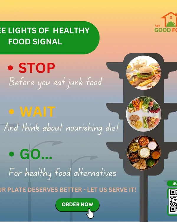 Your plate deserves better. This traffic light graphic guides you to stop eating junk, wait and think, and go for healthy alternatives from us.