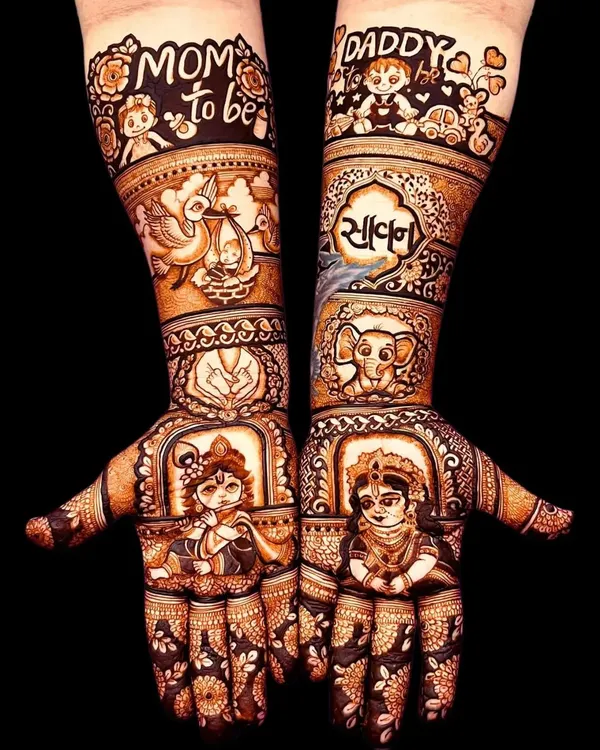 A perfect design for a baby shower celebration. This custom mehandi features "Mom to be" and "Daddy to be" themes, along with adorable baby figures and the child's name.