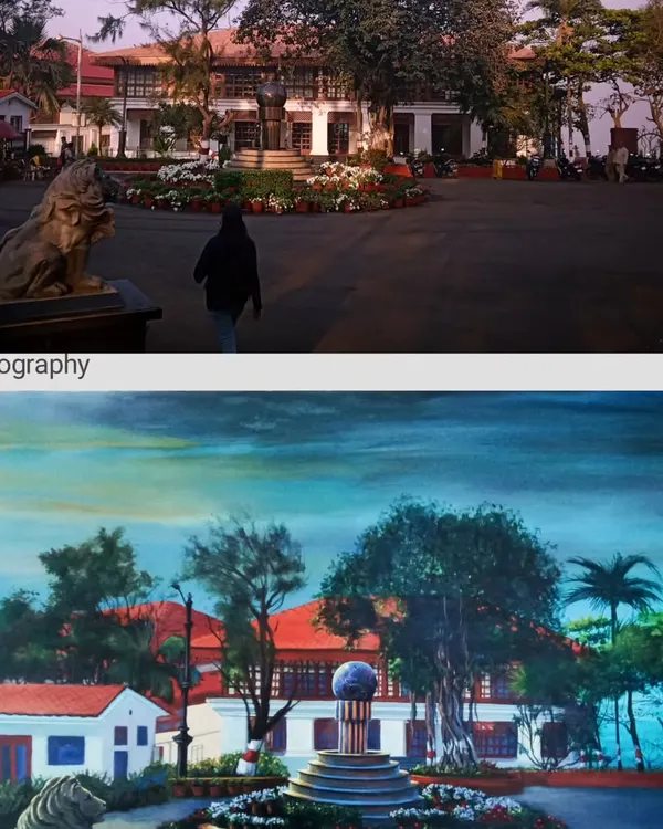 A comparison of a photograph I took of the Sir J.J. School of Art campus and my landscape painting of the same scene. This shows how I interpret a real location, transforming it through color and composition.