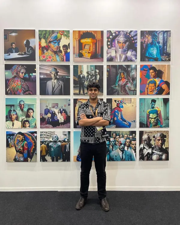 Standing in front of my work at an exhibition. It's been a surreal and special journey to see these weird experiments I started in my room end up on gallery walls.