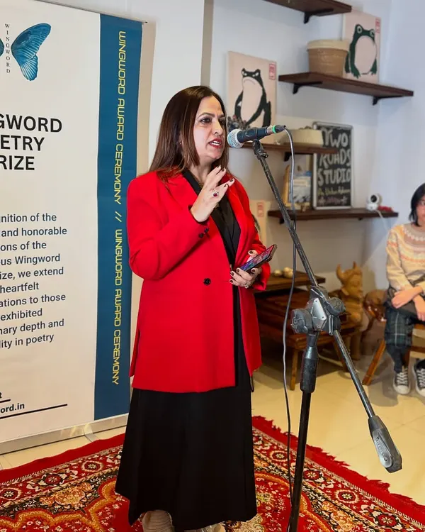 Our chief guest, Meenakshi Singh, addressing the attendees at the 7th annual Wingword award ceremony. It's a day of inspiration and celebration.