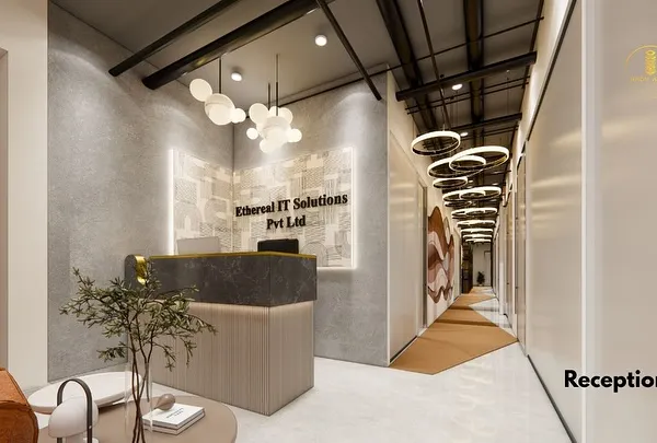 The reception area we designed for Ethereal IT Solutions in Noida. The design features a modern desk, abstract wall textures, and contemporary lighting to make a strong first impression on clients and visitors.