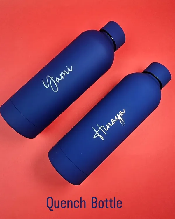 My Quench bottles have a sleek, matte finish and are perfect for staying hydrated in style. I can engrave names on them, as seen here on these two blue bottles.