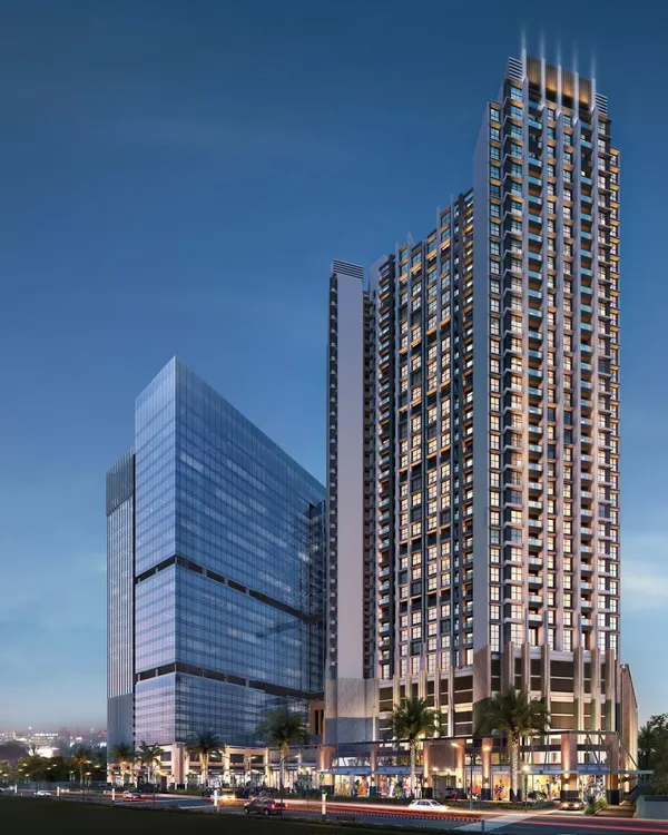 This architectural render showcases a landmark mixed-use development in Airoli. The design features a sleek, glass-clad commercial tower for modern businesses, paired with an elegant residential high-rise, creating a seamless integration of luxury living and premium workspace.