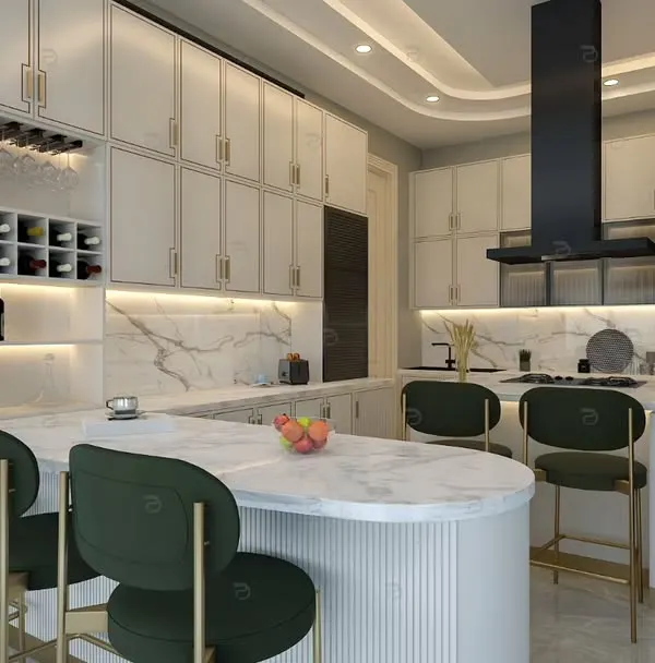 This view highlights the kitchen's spacious island, which doubles as a breakfast bar with stylish green and gold stools. The integrated wine rack adds a touch of sophistication.