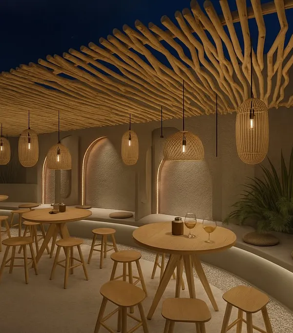 An evening view of the 6th Empirica rooftop, where the custom bamboo lighting and simple wooden furniture create a warm and inviting glow. The design focuses on natural materials to build a relaxed, earthy ambiance perfect for a Goan-themed escape.