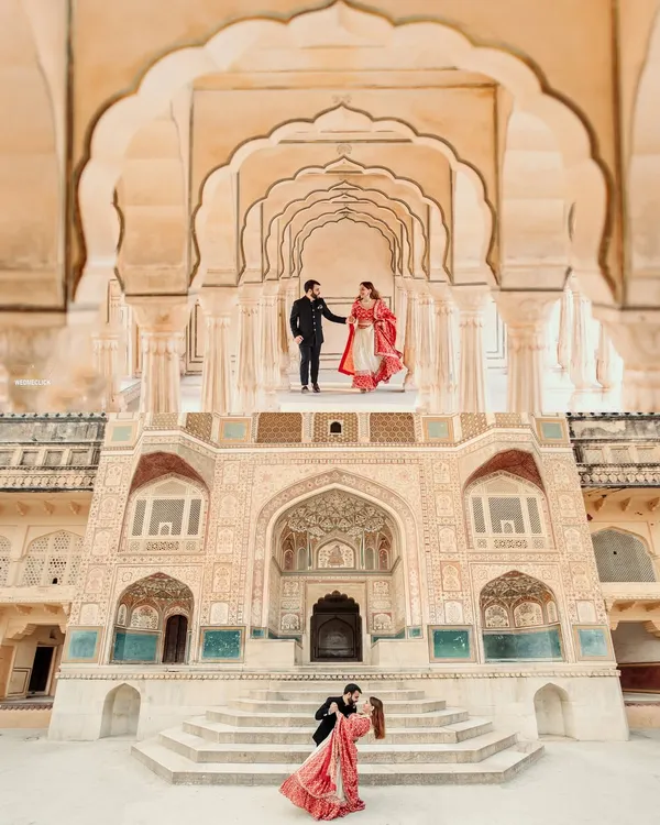 A truly majestic moment captured at Amer Fort in Jaipur. I love using grand architecture to frame a couple's story, creating a sense of scale and timelessness. This shot combines a classic pose with a dynamic dip, showing how we can blend traditional elegance with modern romance for your destination pre-wedding shoot.