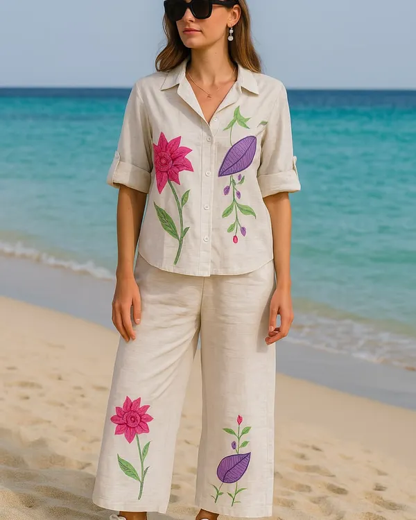 This embroidered co-ord set is your perfect vacation companion, shown here against a beautiful beach backdrop. The breathable cream fabric features vibrant pink and purple floral embroidery, offering a different color variation of our popular travel set. The relaxed shirt and pants are both stylish and comfortable for all-day wear.