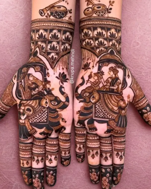 This intricate bridal mehndi captures a royal wedding procession, complete with a bride and groom on elephants. It's a perfect example of traditional dulhan mehndi art, designed to make you feel like a queen on your special day.
