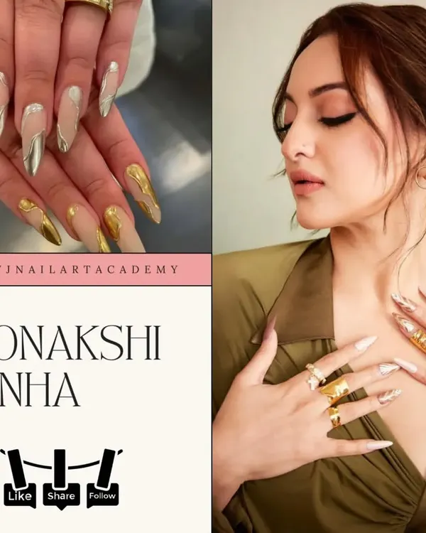 Get inspired by Sonakshi Sinha's bold and glamorous style with these long, metallic gold and silver nails. We can recreate this high-fashion look for you.