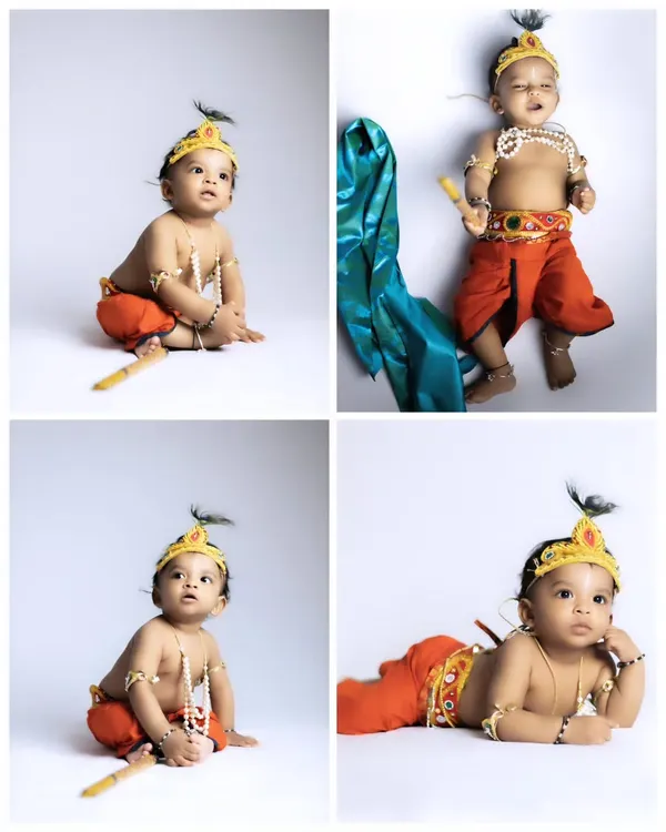 Our 'Little Krishna' theme is perfect for capturing your baby's divine innocence. We provide the complete costume and guide them through a series of playful poses for a fun and memorable photoshoot.