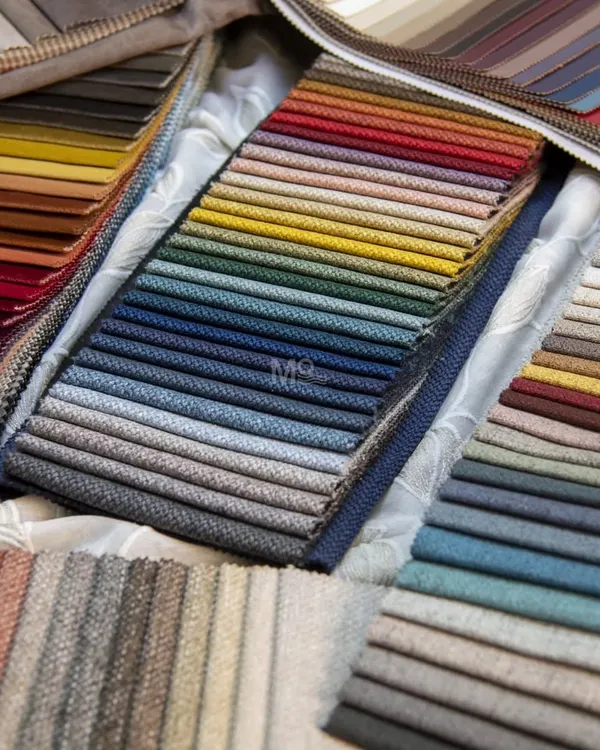 Dive into a world of textures and hues with our upholstery fabric collection. This image displays a rainbow of options, from rich reds and deep blues to earthy greens and yellows.