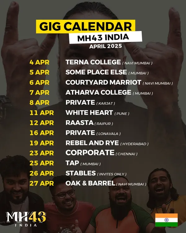 Our gig calendar for a packed month. This shows our relentless schedule, playing at colleges, corporate events, and top clubs in Mumbai, Pune, Hyderabad, and Chennai. We are always on the road.