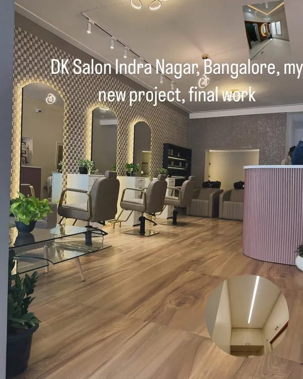 The final look of the DK Salon in Indra Nagar. We used a combination of textured wallpaper and premium paints to create a chic and inviting atmosphere for their clients.