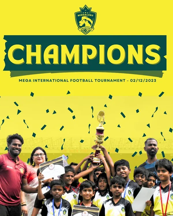 Our U-9 football team celebrating their championship win at the Mega International Football Tournament. We organize events that create lasting memories of victory.