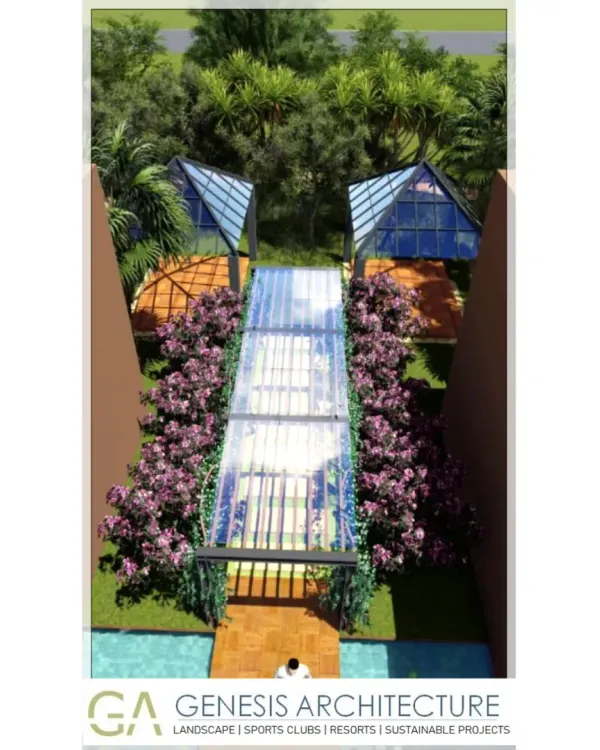A 3D concept for a resort walkway, enclosed by glass and flanked by flowering bougainvillea. The design provides a sheltered, light-filled path that connects different areas of the property while keeping guests immersed in the landscape.