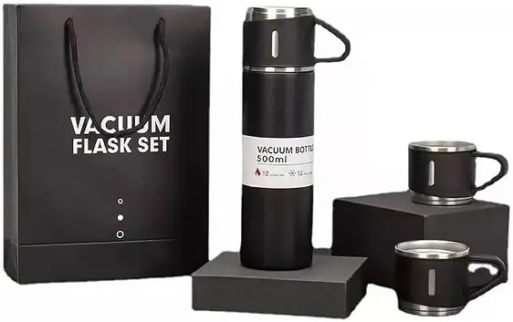 A sleek and modern vacuum flask set, complete with a 500ml bottle and two matching mugs. This is a highly practical and appreciated gift for employees, clients, or event attendees.
