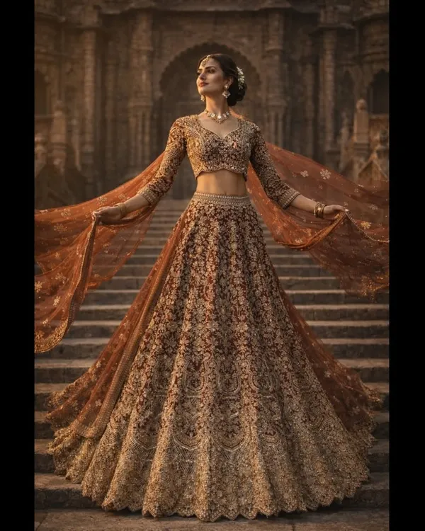 This is the ultimate royal bridal lehenga for your big day. The rich bronze and maroon fabric is covered in incredibly detailed floral embroidery and zari work, creating a majestic look that is both timeless and breathtaking.