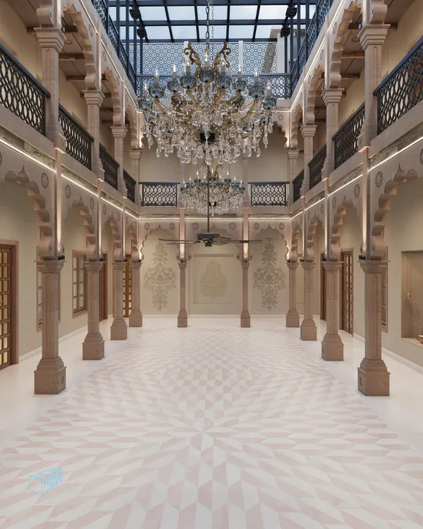 This is the central courtyard of a Banaras haveli, reimagined. The design balances grand scale and intricate detail, featuring hand-carved stone pillars and geometric flooring under a magnificent chandelier, all celebrating India's rich architectural heritage with modern clarity.