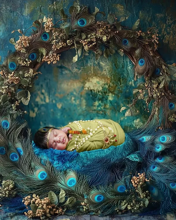 This is one of my absolute favorite creations, our little Kanha resting peacefully in a nest of peacock feathers. I believe in creating not just a photo, but a piece of art that feels divine and timeless. This is the magic we can create for your newborn.