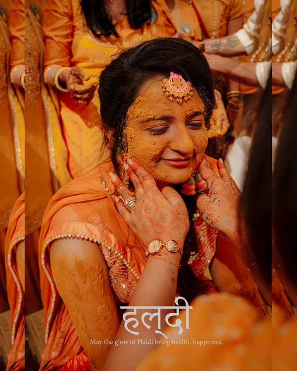 A beautiful close-up of a bride during her Haldi ceremony, her face glowing with turmeric and happiness. The text overlay adds a traditional touch to this joyful moment.