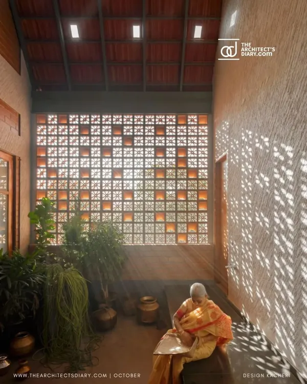 As featured in The Architect's Diary, this image of the Madhura house captures the serene moment when light filters through the jali screen, illuminating the courtyard.