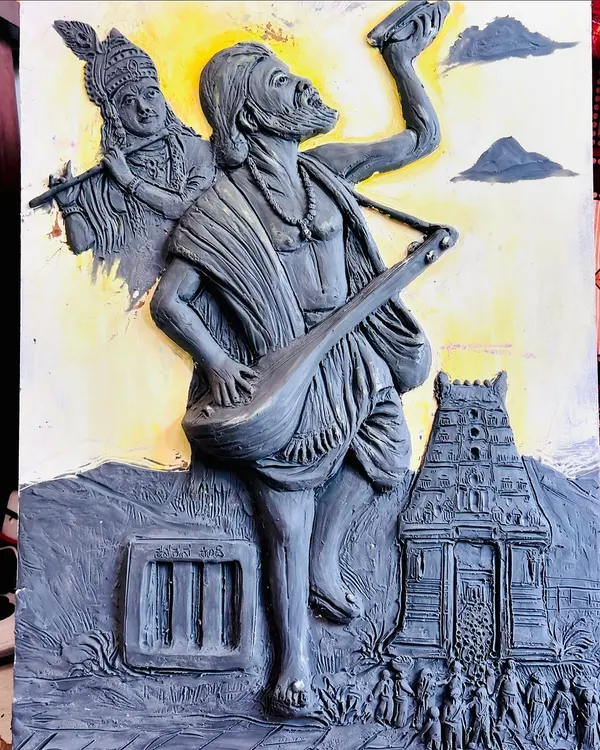 The completed clay mural of Kanaka Dasa, with added background color to highlight the detailed sculpture of the saint, Krishna, and the Udupi temple scene.