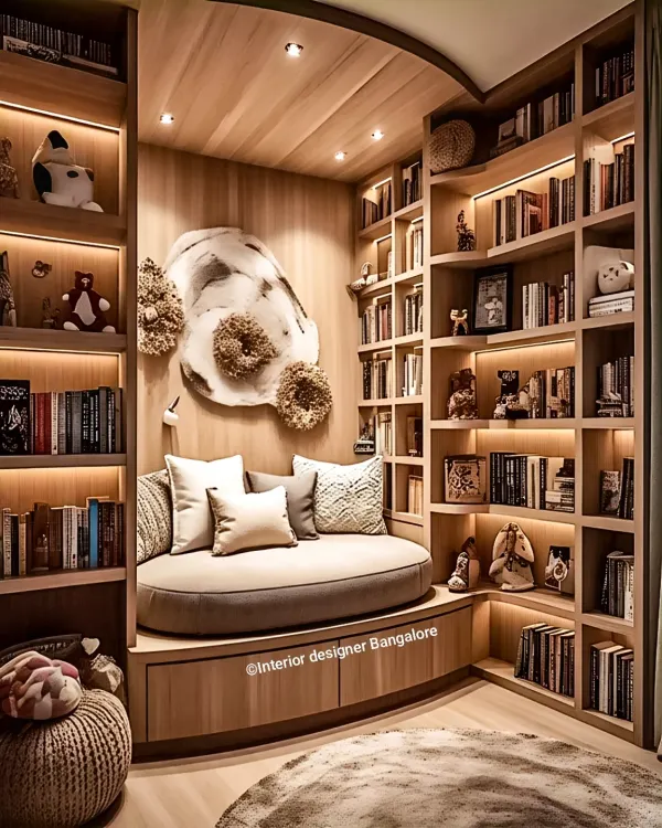 A cozy and enchanting reading nook built into a corner. The space is surrounded by custom, backlit bookshelves and features a comfortable circular daybed, creating the perfect escape for any book lover.