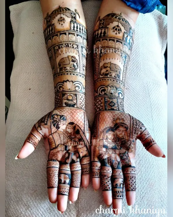 A full bridal story in henna! This design features beautiful portraits of the bride and groom, set against a backdrop of royal elephants and palace architecture. Every detail is handcrafted to tell their unique story.