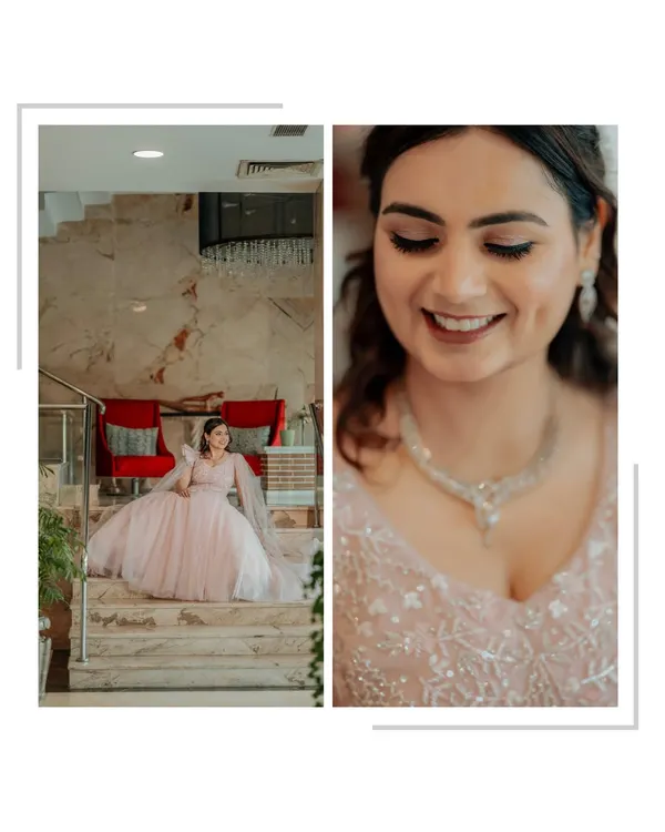 A diptych of the bride, Mansi, at her Roka. One shot captures her full, flowing gown on the stairs, while the other is a close-up of her happy, dimpled smile.