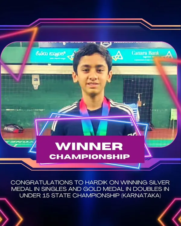 We celebrate every victory. Congratulations to our student Hardik for his incredible performance, winning a gold medal in doubles and a silver in singles at the U-15 Karnataka State Championship.