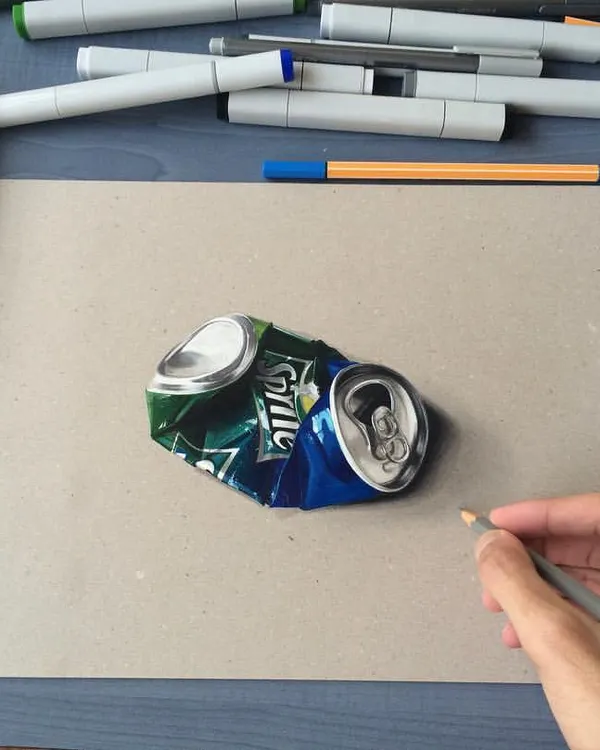 A realistic drawing of a crushed Sprite can. This piece was a study in capturing the bent metal, condensation, and vibrant colors using Copic markers and colored pencils.