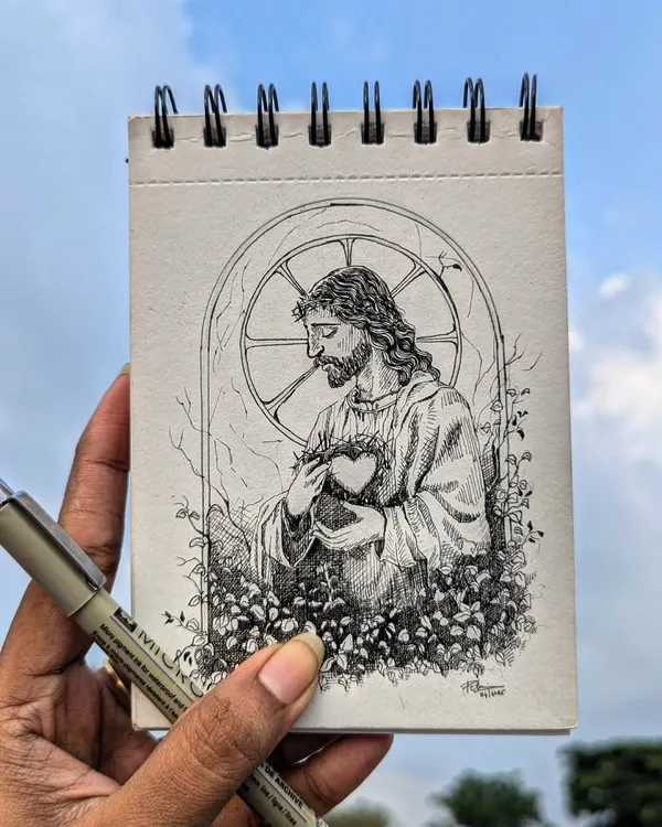 This detailed ink illustration of Jesus was drawn on the go, held up against the sky. It shows that inspiration can strike anywhere, and I'm always ready with my sketchbook and micron pen.
