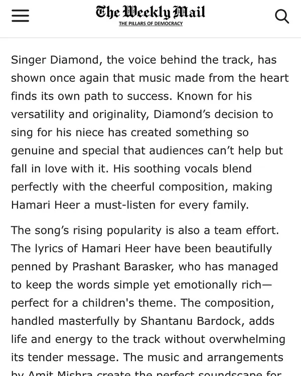 It was a proud moment when my original track, "Hamari Heer," not only went viral but also made headlines. This article from The Weekly Mail captures the story behind the song that stole so many hearts.