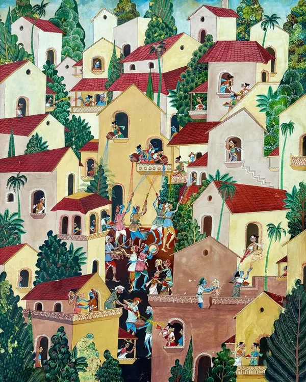 'BANNADA HOKULI' (Colourful Holi), a watercolour on paper by S. Banu Munaf from 1992. This vibrant painting captures the joy and energy of the Holi festival, with people celebrating on rooftops.