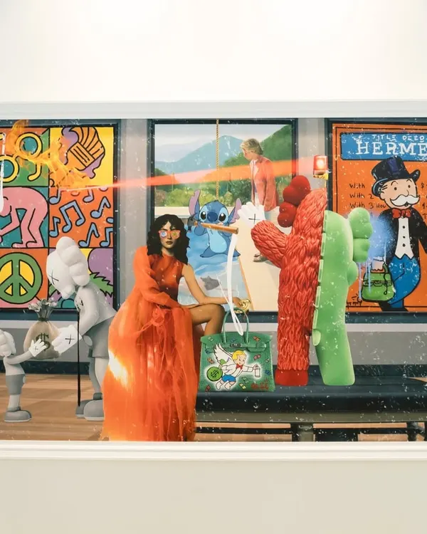 'The Museum Heist' by Maegha, a mixed media and augmented reality artwork. The serene museum scene, filled with pop culture icons like Stitch and the Monopoly Man, transforms into a thrilling heist when viewed through AR.