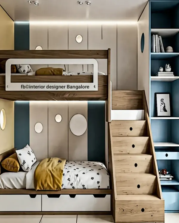 A fantastic bunk bed design that incorporates storage into the staircase. The room features a neutral and blue color palette with fun, circular wall lights, creating a playful yet organized space for siblings.