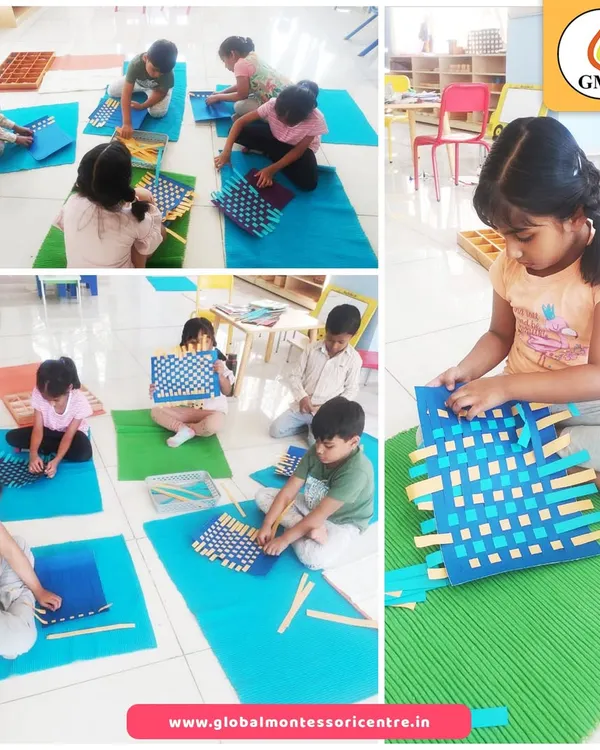 A child deeply focused on a weaving activity, a classic Montessori exercise that builds concentration, fine motor skills, and an understanding of patterns. This hands-on work prepares little fingers for writing and instills a sense of accomplishment.