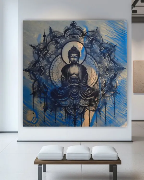 This large, contemporary Buddha painting is a stunning centerpiece for any gallery or large room. The artwork's serene expression and intricate details invite contemplation and a moment of pause.