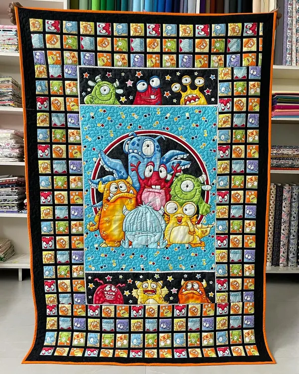 A fun and colorful "Monsters" themed quilt, perfect for a child's bedroom. The central panel features a group of friendly monsters, surrounded by a border of smaller monster faces.