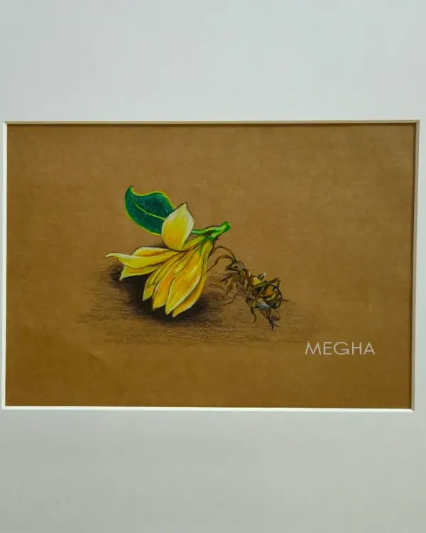 A detailed colored pencil drawing of a Champaka flower, with a visiting insect. I used a live flower as a reference to capture its vibrant yellow hue and delicate form on brown paper.