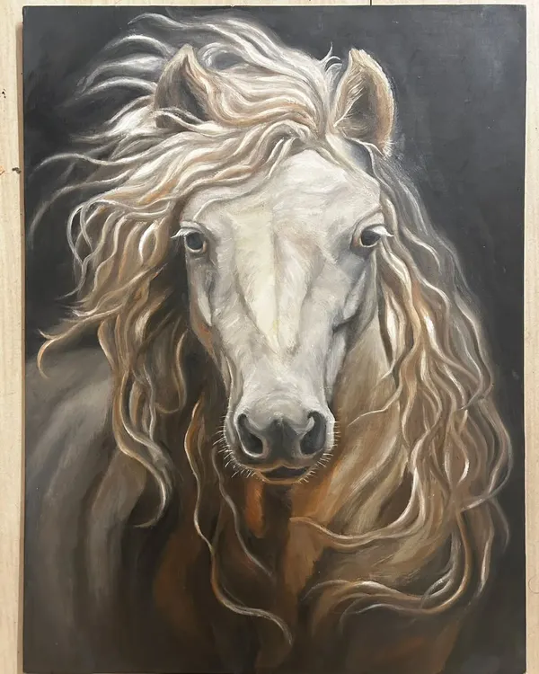 This beautiful oil painting by artist Sandipa captures the wild spirit of a white horse with a flowing mane. The dark background makes the subject stand out, highlighting the incredible detail and texture.