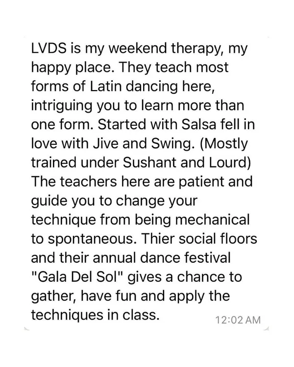 This is what our students say about us. Nanditha calls LVDS her "weekend therapy" and "happy place," where patient teachers helped her fall in love with Jive and Swing.